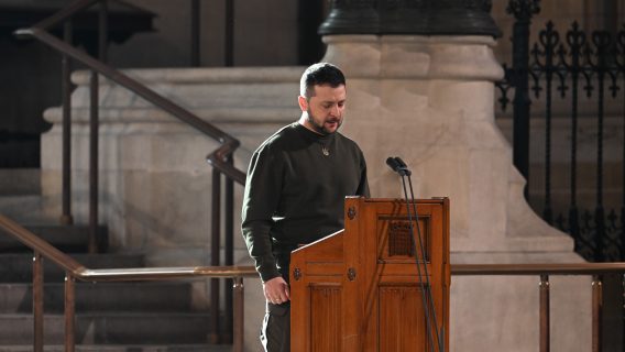 President Zelenskyy speaking at the UK Parliament.
