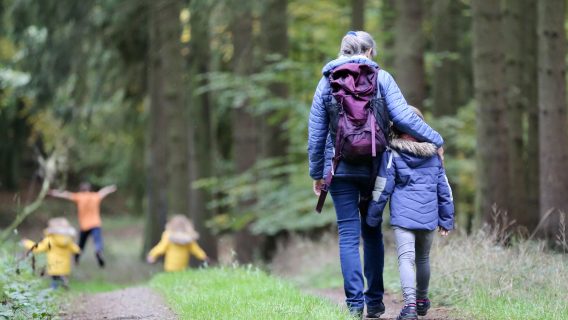 Woman and child walking in a forest.